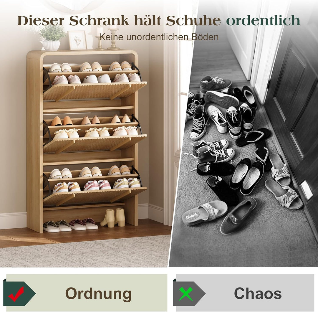 LUXOAK Schuhschrank mit 3 Klappen, Verstellbare Trennwände & Anti-Kipp-Sicherung, Abgerundete Ecken,