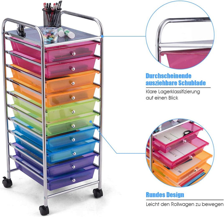 DREAMADE Rollwagen Schublade, Rollschrank Rollcontainer mit Schublade 10 Fächern, Haushaltswagen auf