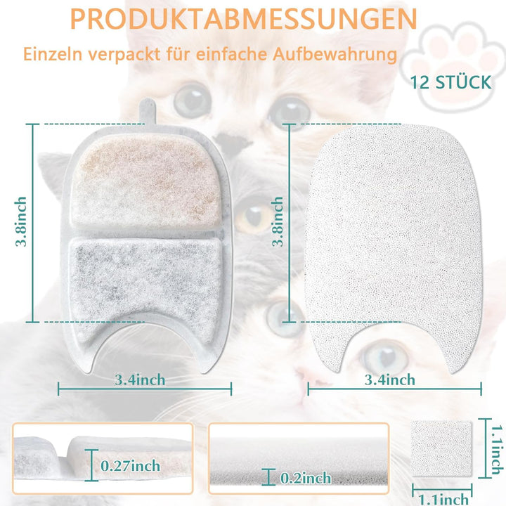 12er Set Katzenbrunnen Filter Aktivkohle Ersatzfilter Geeignet für Feelneedy 4L Katzen Trinkbrunnen