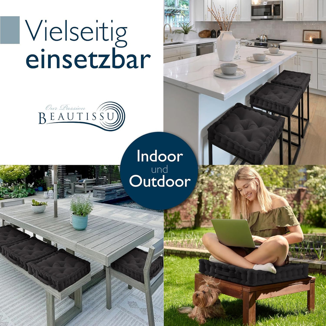 Beautissu 4er Set Bodenkissen Sitzkissen 40x40 cm - Dickes Matratzenkissen 8cm - 100% Baumwolle Stuh
