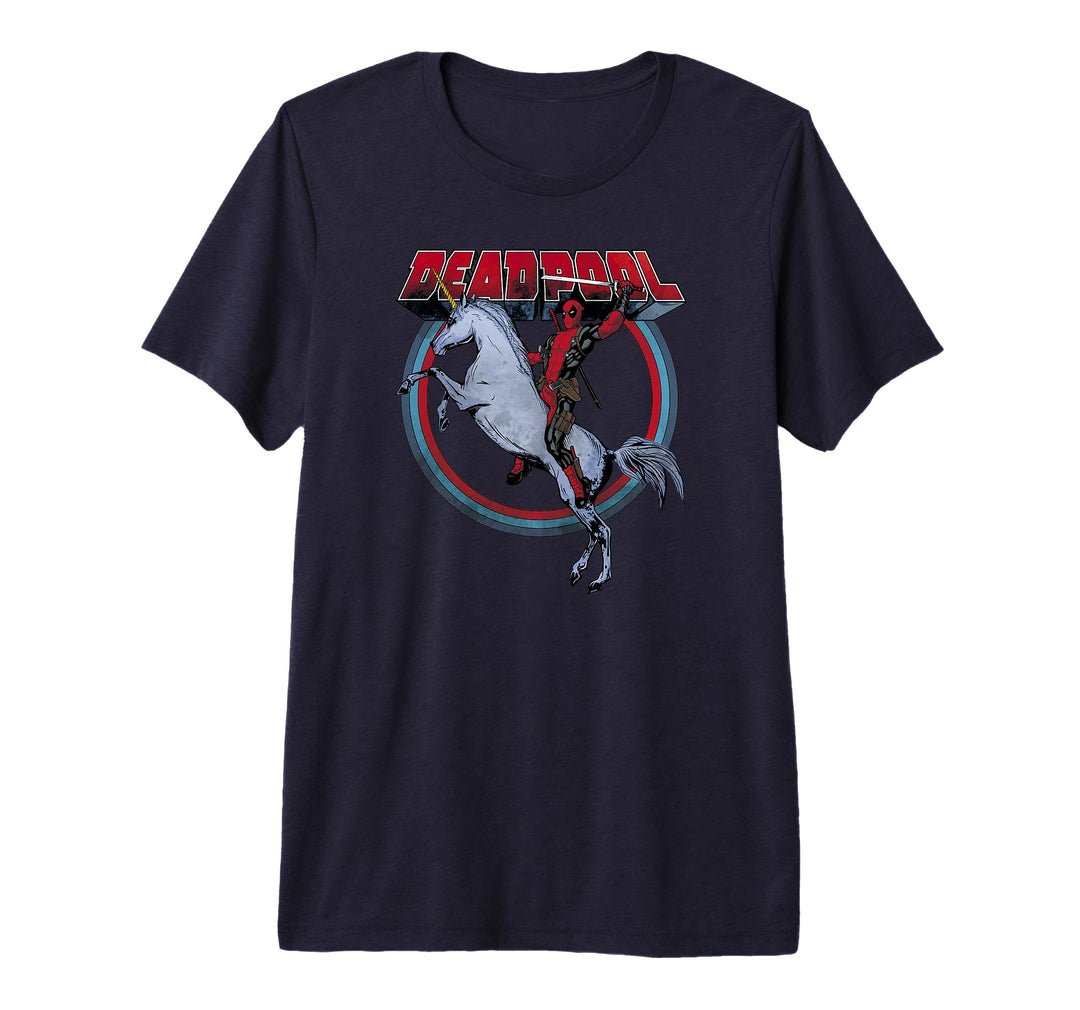 Mens Marvel Deadpool Riding A Unicorn Circle Premium T-Shirt 2XL Dark Heather
