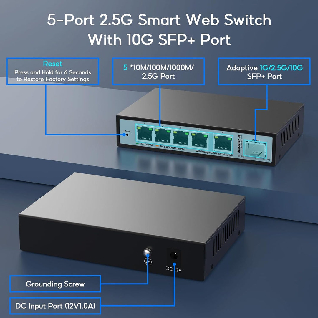 SODOLA 6 Port 2.5G Smart Web Ethernet Switch,1 10G SFP und 5 x 2.5G Base-T Ports,Unterstützt Statisc