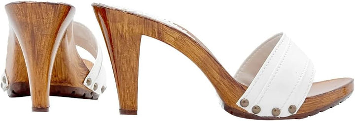 Holzeffeckt Clogs mit doppeltem Weiss Band hoher Absatz 9 cm - K6101 Bianco (39 EU, Weiss) 39 EU Wei