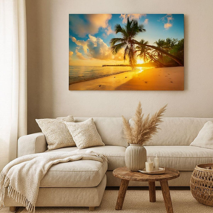 Bilder auf Leinwand 100x70cm Leinwandbild mit Rahmen Meer Strand Palme Gross Wanddeko Bild Schlafzim