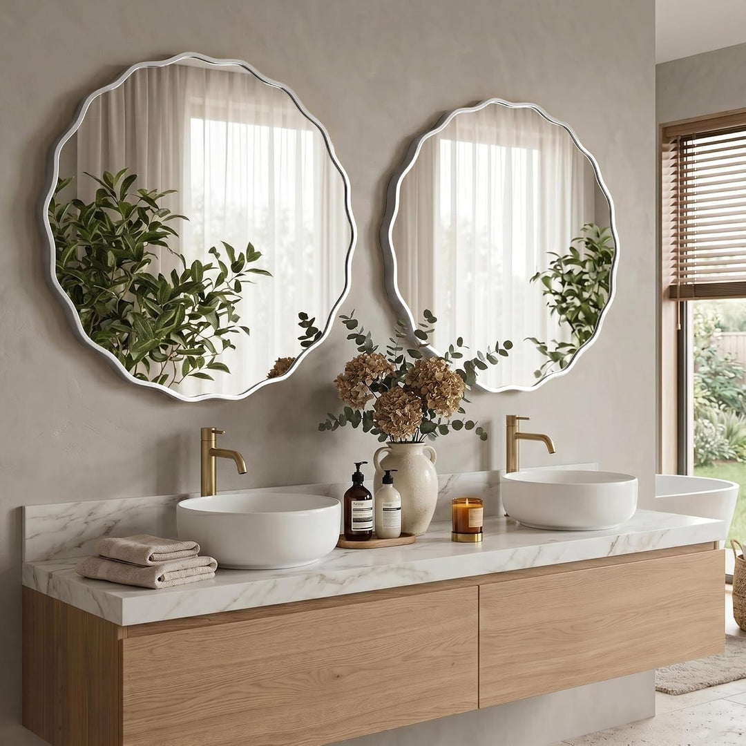 Wavy Runder Wandspiegel mit gebürstetem Aluminiumrahmen &amp; gehärtetem Sicherheitsglas für Badezimmer,