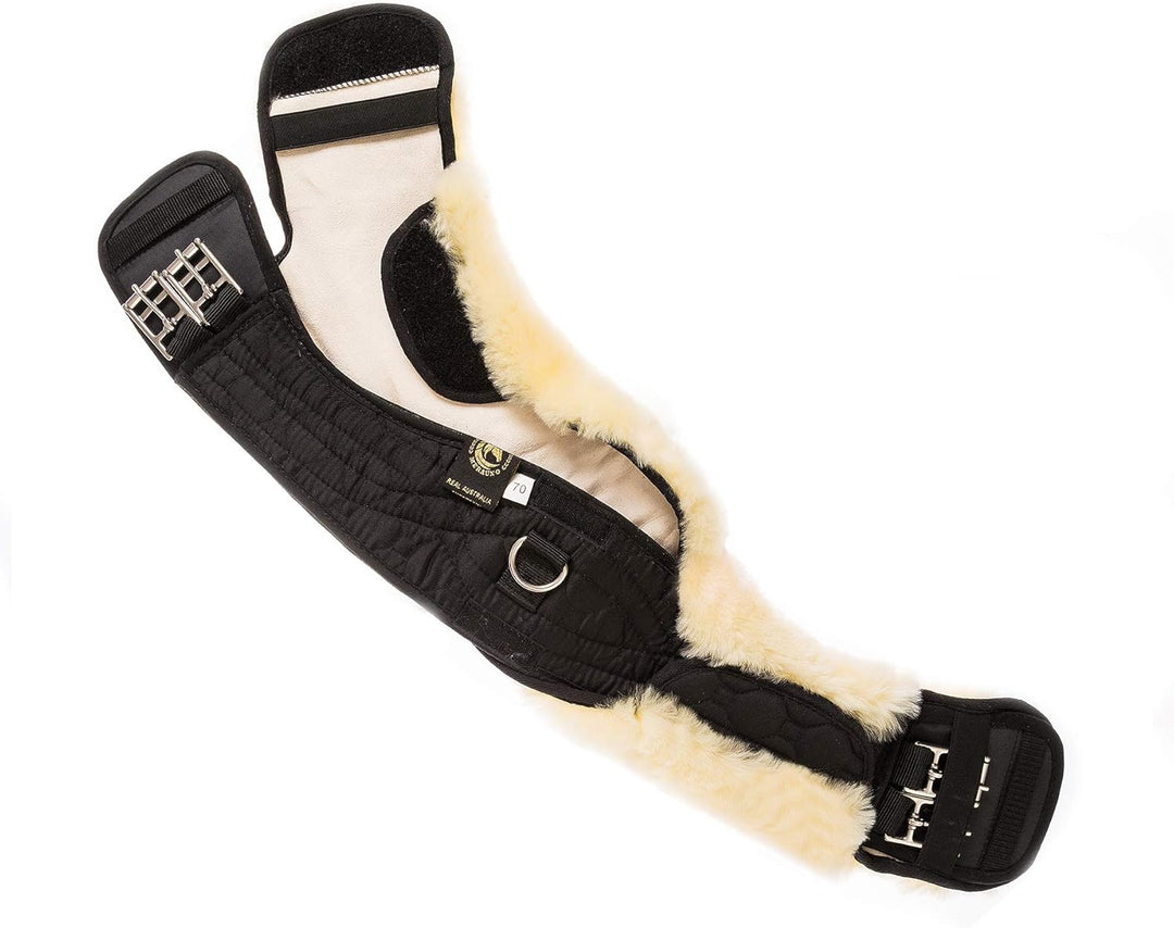 Merauno® Lammwolle Mondgurt mit abnehmbarem Lammfellbezug, Kurzgurt Dressurgurt, aus Qualitäts Merin