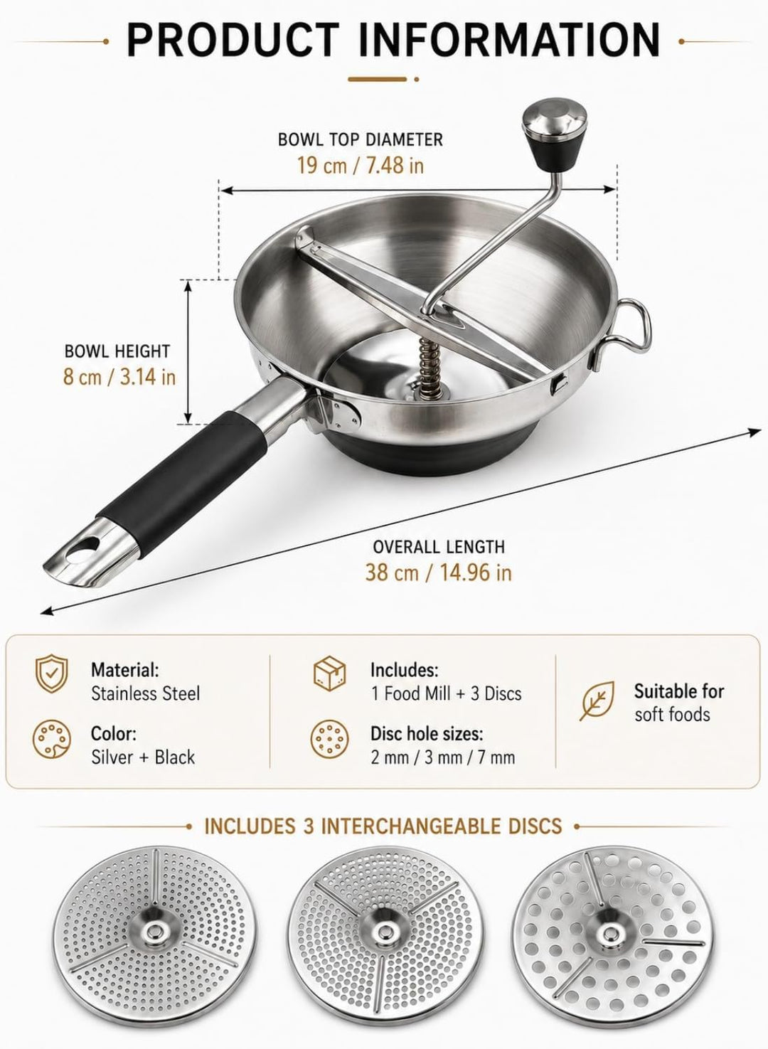 Lebensmittelmühle Hand mit 3 Sieben (2/3/7 mm) - Getriebenhammer für Kartoffeln, Muss, Marmeladen un