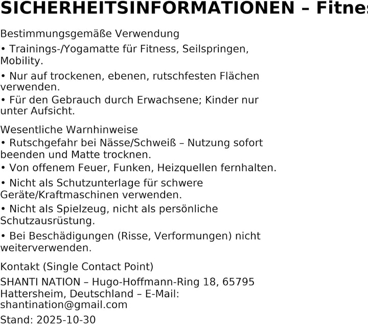 SHANTI NATION - Cardio Mat 95 - kompakte Fitnessmatte (95 x 95 cm) - inkl Tragegurt - ideal zum Seil