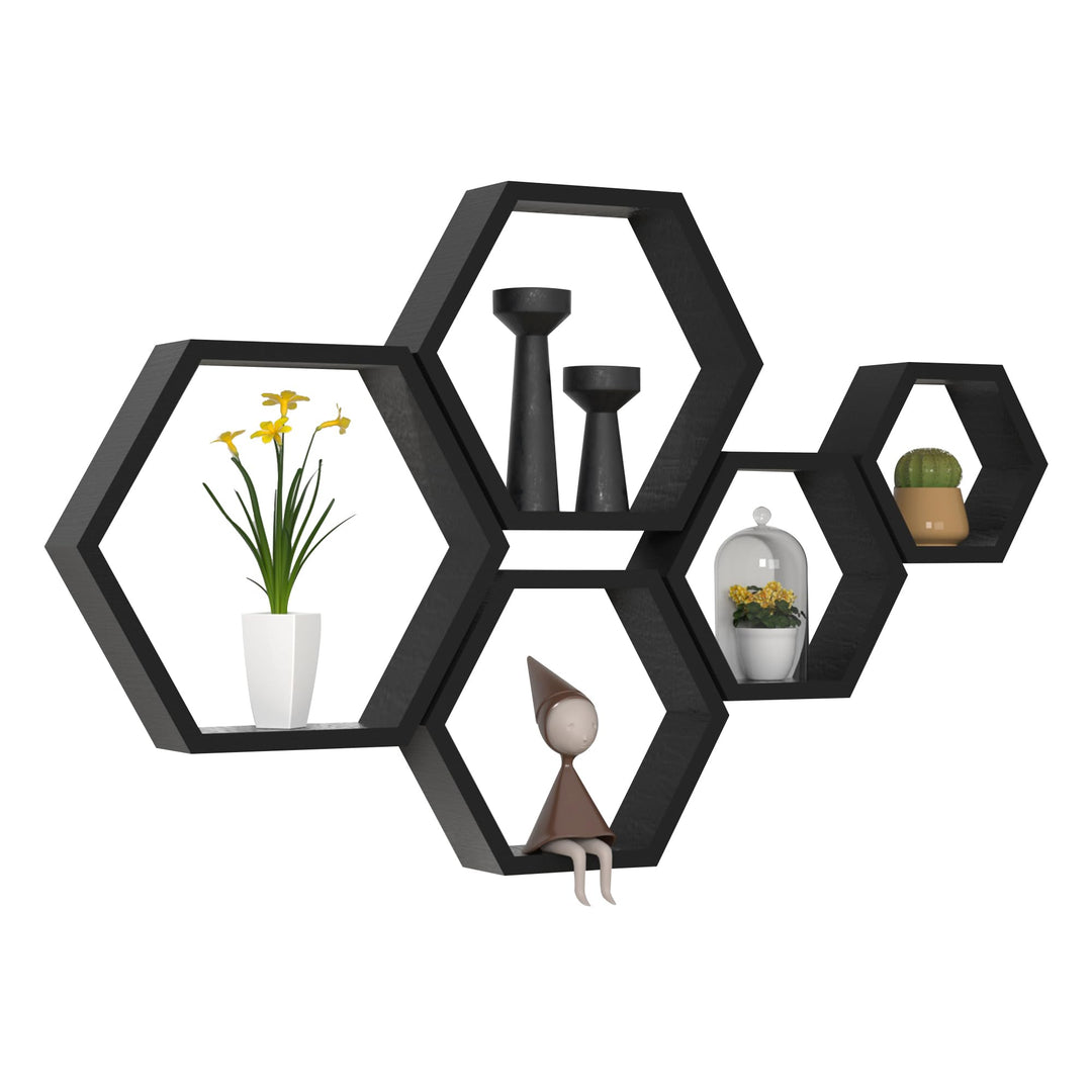 Sechseckige Wandregale Wabenförmige Regale 5er-Set Wandmontierte Holzregale im Landhausstil Wand-Auf