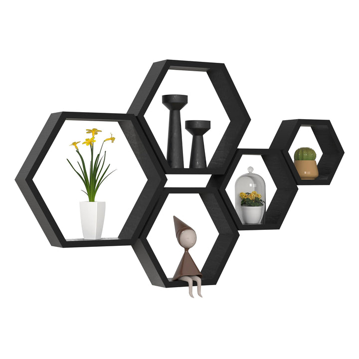 Sechseckige Wandregale Wabenförmige Regale 5er-Set Wandmontierte Holzregale im Landhausstil Wand-Auf