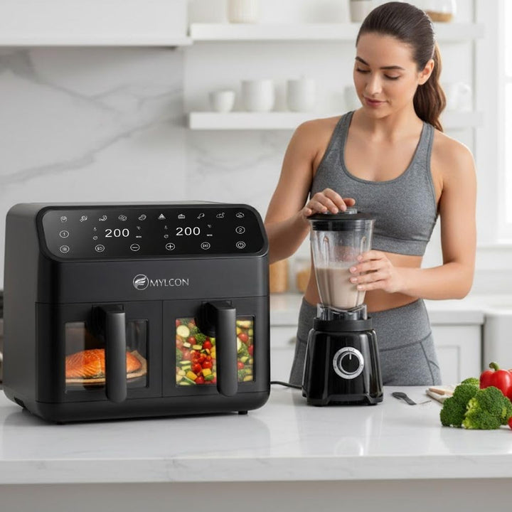 Crispyo Heissluftfritteuse Doppelkammer mit Sichtfenster, 8L (2 x 4L), 10 Programme, Touch-Bedienung