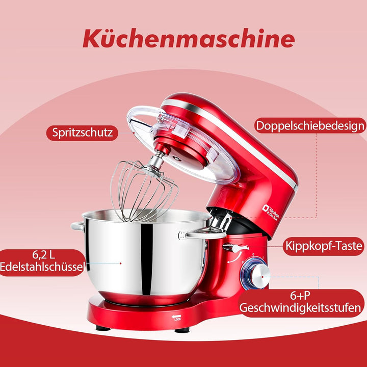 Kitchen in the box Küchenmaschine, 6,2 L Knetmaschine 1400 W, 6 Geschwindigkeits Teigmaschine mit Rü