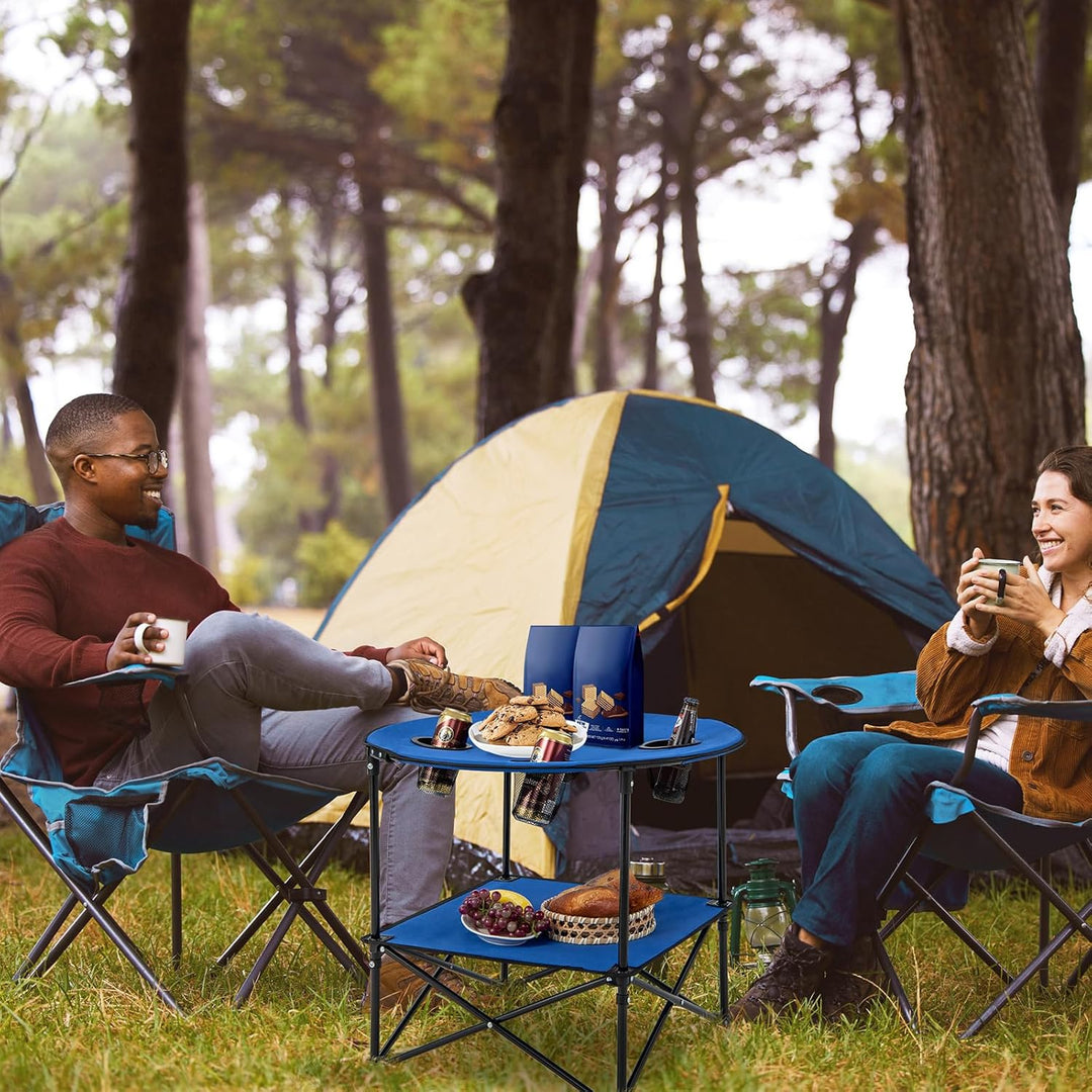 Giantex Picknicktisch, rund, faltbar, Campingtisch mit 2 Ebenen, mit 4 Getränkehaltern aus Netz, Met