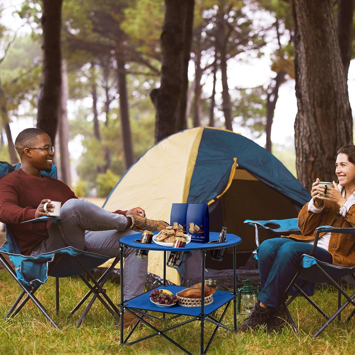 Giantex Picknicktisch, rund, faltbar, Campingtisch mit 2 Ebenen, mit 4 Getränkehaltern aus Netz, Met