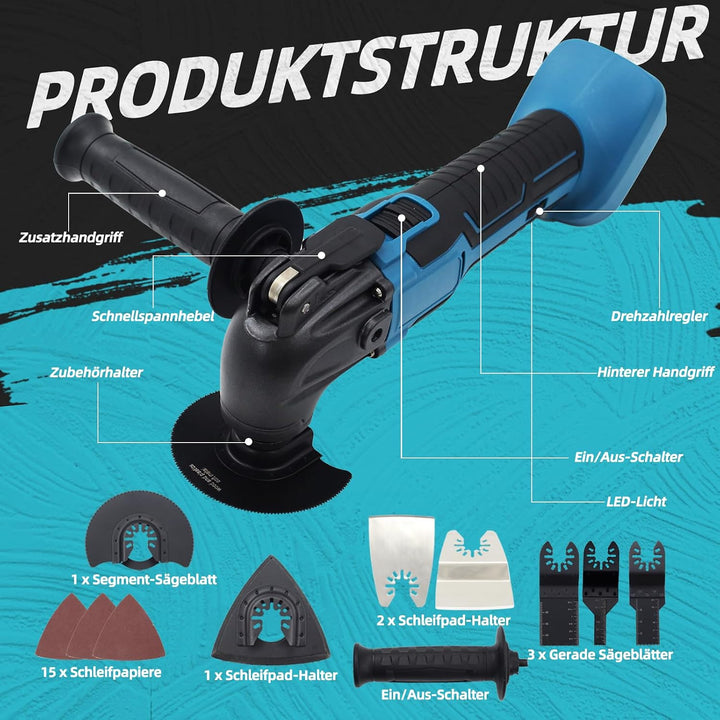 Akku Multitool Kompatibel mit Makita 18V, Oszillationswerkzeug mit 6 Geschwindigkeiten &amp; Bürstenlose