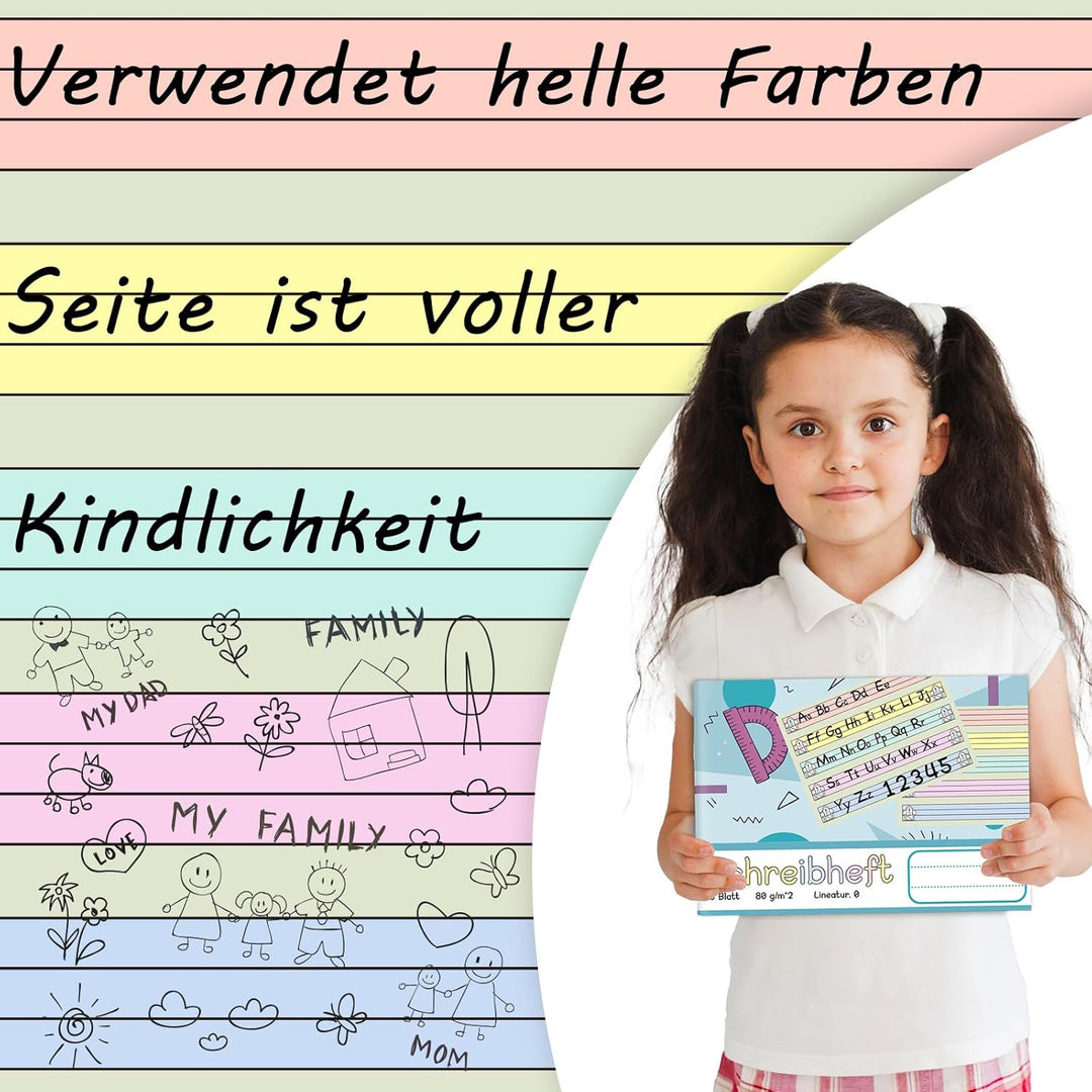 10 Stück Farbe Schreibheft A5 Quer Lineatur 0 für 1. Schuljahr Lernheft Schreiblernheft Notizbuch fü