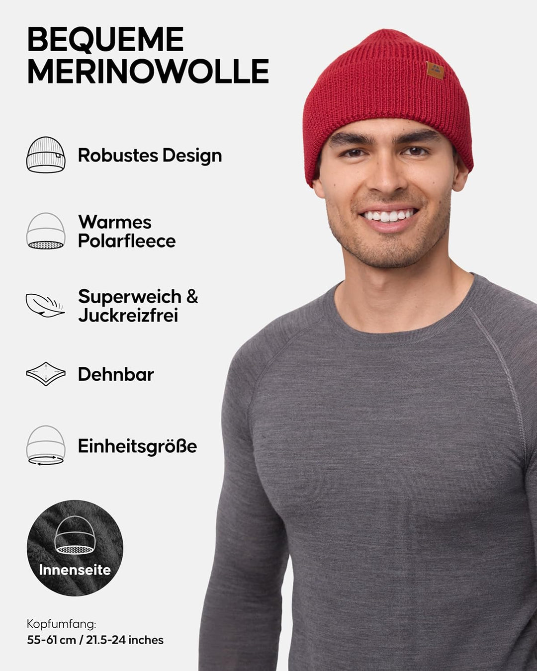 DANISH ENDURANCE Merino Wintermütze mit Fleece, Thermo Wollmütze, Fleece-Mütze, Strickmütze, Stretch