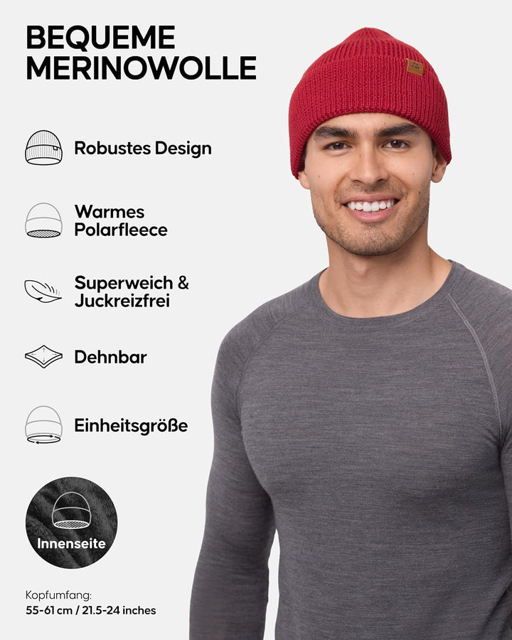 DANISH ENDURANCE Merino Wintermütze mit Fleece, Thermo Wollmütze, Fleece-Mütze, Strickmütze, Stretch