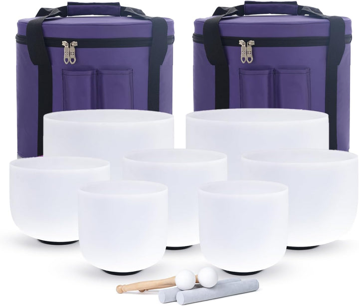 KVKA 432hz 7-12 Zoll Kristallschale Set aus 7 Stück Kristallklangschale mit Tragetasche, 7pcs White