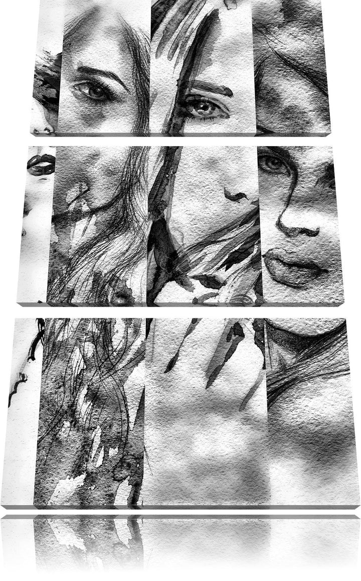 Pixxprint Monocrome, Haar Frisuren 3-Teiler Leinwandbild 120x80 Bild auf Leinwand