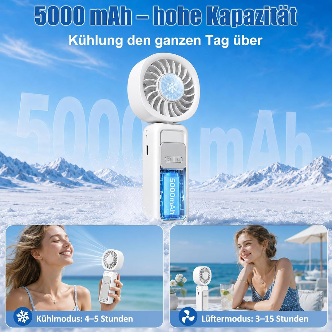 Mini Handventilator mit 5000mAh, USB Handventilator Tragbar mit Kühlplatte, 5 Geschwindigkeiten, 90°