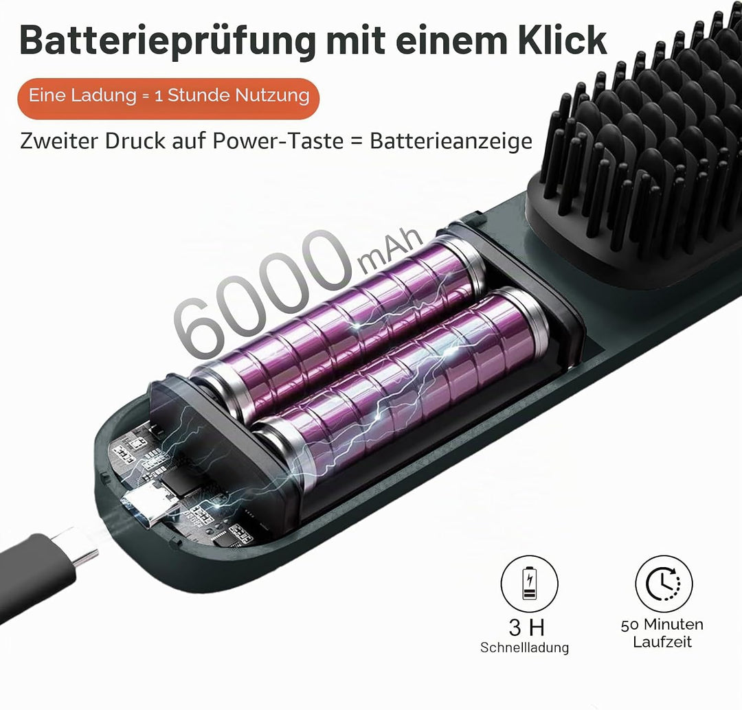 TANSHINE Mini Glättbürste Kabellos für Reise,6000mAh Ionen Haarglätter Bürste Akku, Glätteisen Locke