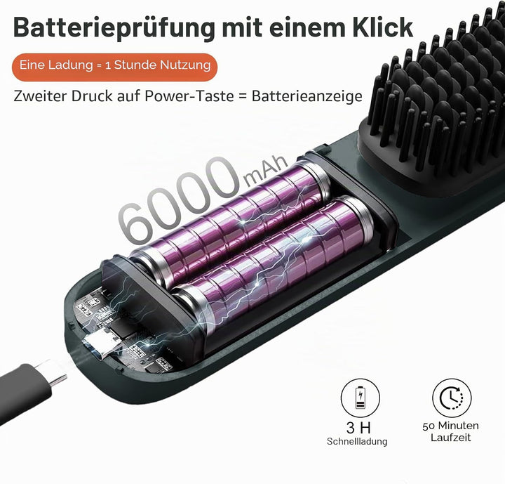 TANSHINE Mini Glättbürste Kabellos für Reise,6000mAh Ionen Haarglätter Bürste Akku, Glätteisen Locke