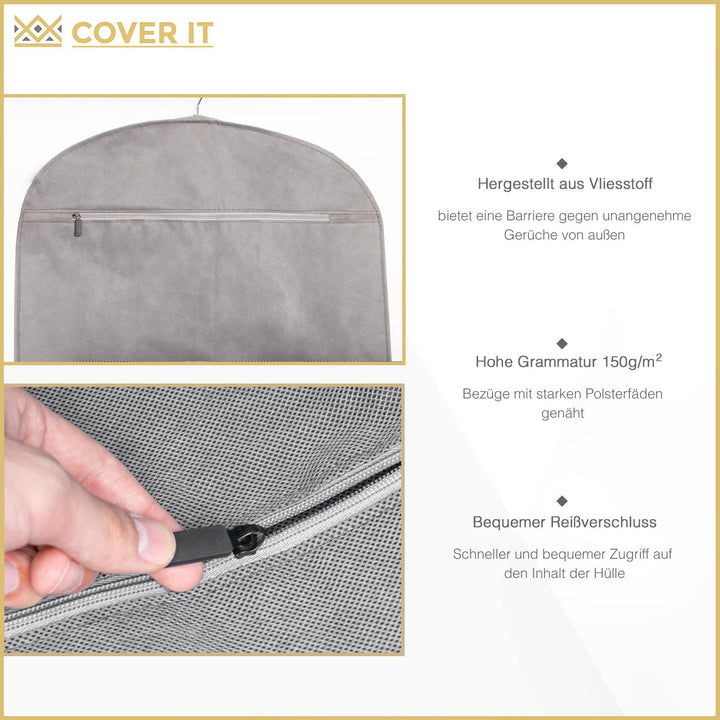 COVER IT Kleidersack Lang mit Reissverschluss für Reisen 100x60cm Grau 5er Set Kleiderhülle für Anzu