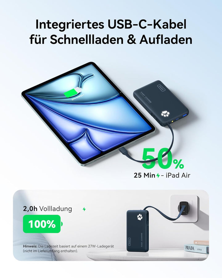 INIU Power Bank, Minigrösse 20W 10000mAh PowerBank mit Integriertem USB-C Kabel, PD3.0 QC4.0 USB C I