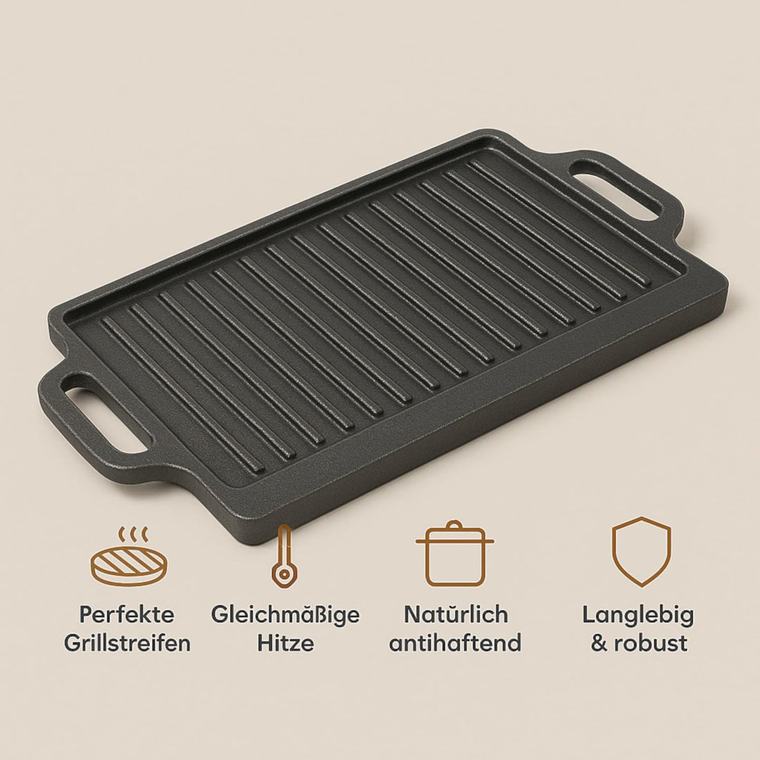 Gusseisenpfanne Grill rechteckig 40 x 20,5 cm massiv 2,7 kg mit Griffen BBQ | Grillplatte aus Gussei