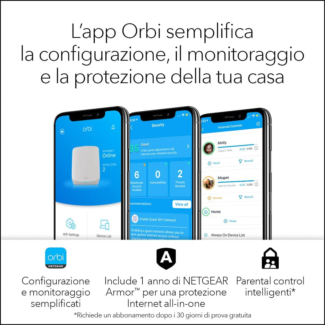 NETGEAR Orbi RBK764S WiFi 6 Mesh WLAN System (5400 MBit/s Geschwindigkeit, TriBand WiFi 6 Router + 3