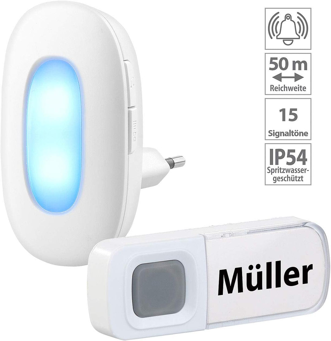 Klingel mit Lichtsignal: Steckdosen-Funk-Klingel mit optischem Signal &amp; zweitem Empfänger, IP54 (Tür