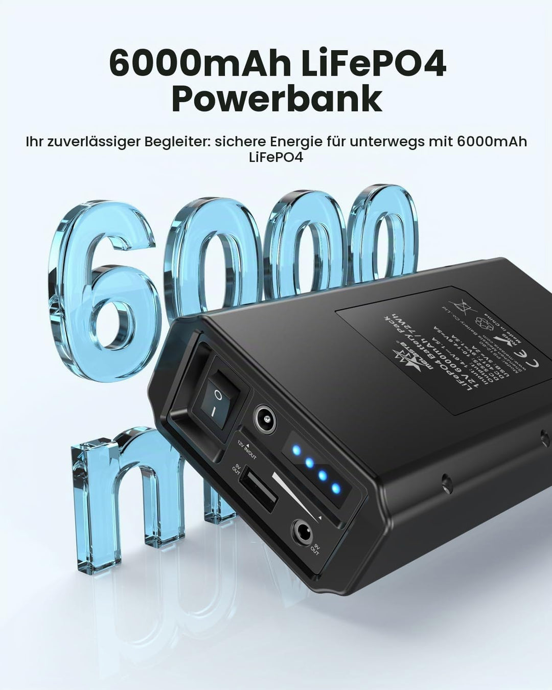 12V Powerbank 6000mAh Tragbar LiFePO4 Powerbank mit Ladegerät, DC Ausgang mit USB-A, DC 12V Und 9V H