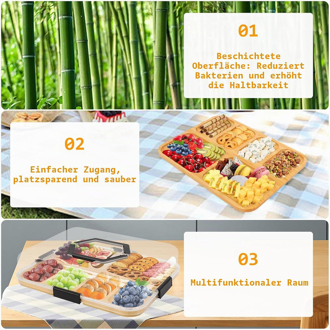 BigKing Serviertablett aus Bambus, Aperitiftablett mit Deckel und 6 Schlitzen, Bambusbrett für Käse,
