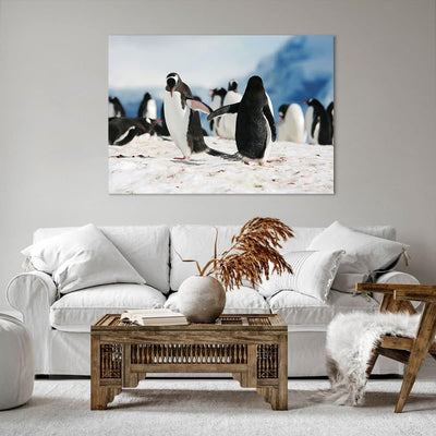 Bilder auf Leinwand 100x70cm Leinwandbild Pinguine Winter Natur Schnee Gross Wanddeko Bild Schlafzim