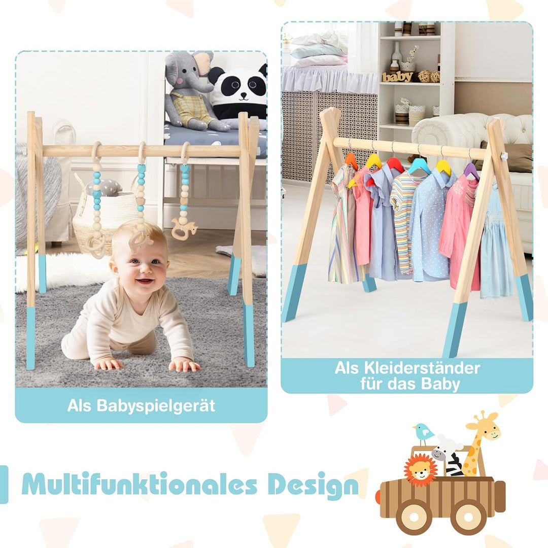 COSTWAY Baby Spielbogen Holz, Spieltrapez klappbar, Baby Gym mit 3 abnehmbaren Kinderspielzeugen, Sp
