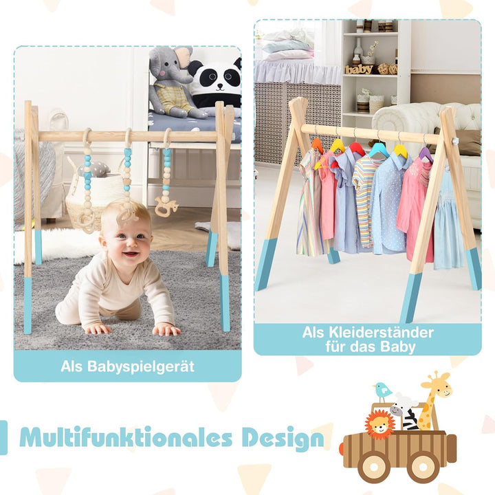 COSTWAY Baby Spielbogen Holz, Spieltrapez klappbar, Baby Gym mit 3 abnehmbaren Kinderspielzeugen, Sp
