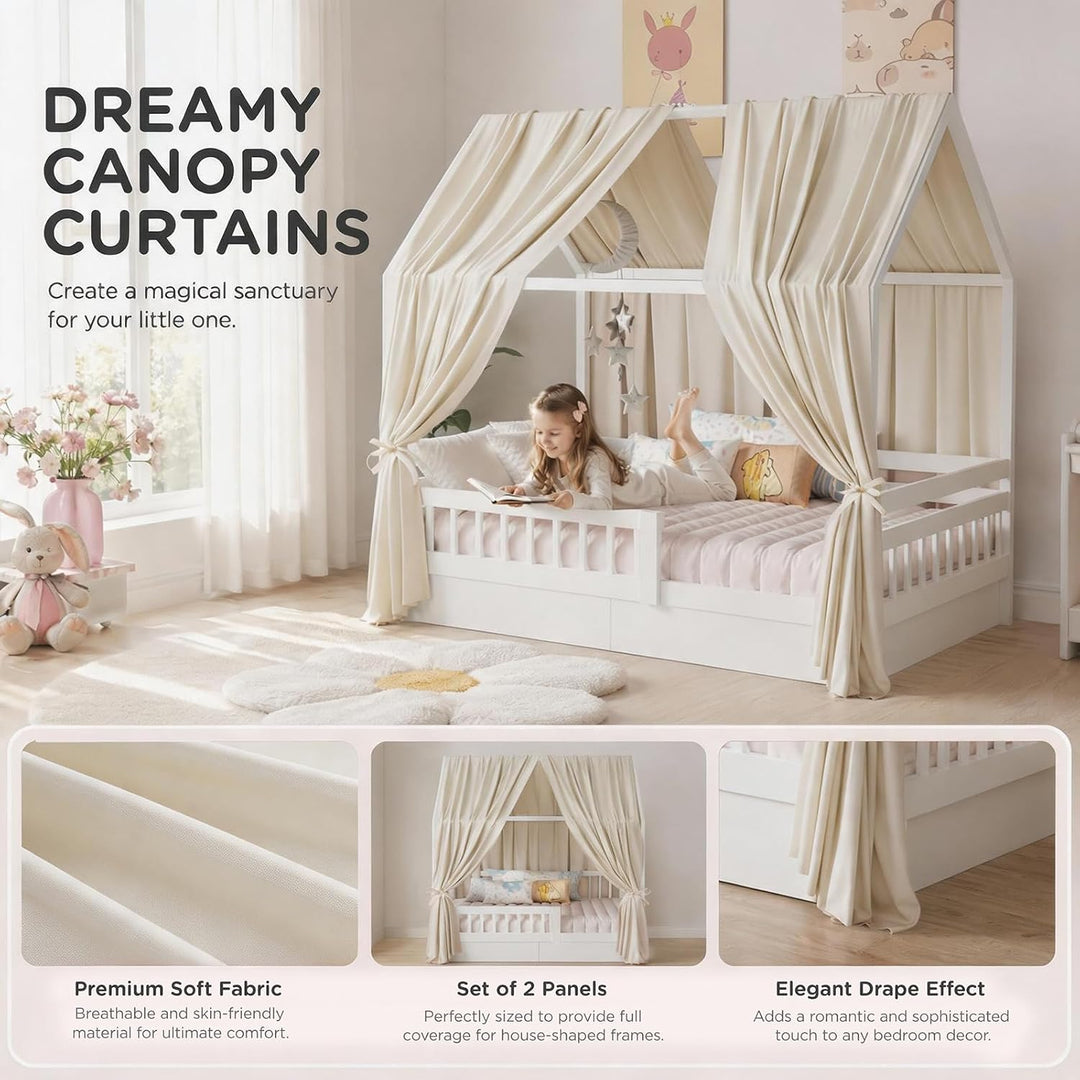 Hausbett Himmel Set, 2 Stück Betthimmel Hausbett, Leichter Atmbar Baumwoll Himmelbett Vorhängemit, M