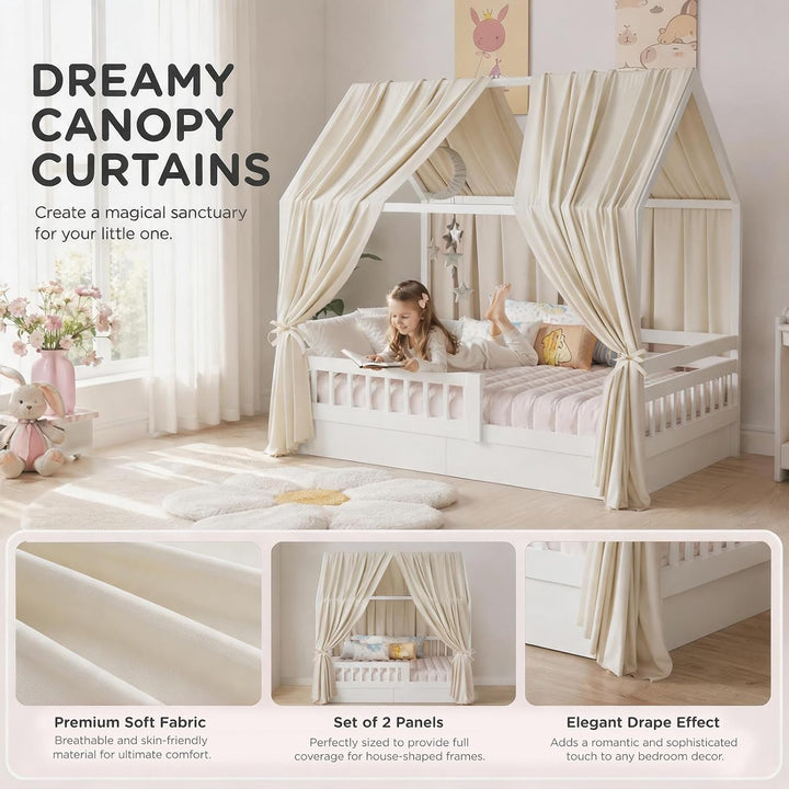 Hausbett Himmel Set, 2 Stück Betthimmel Hausbett, Leichter Atmbar Baumwoll Himmelbett Vorhängemit, M