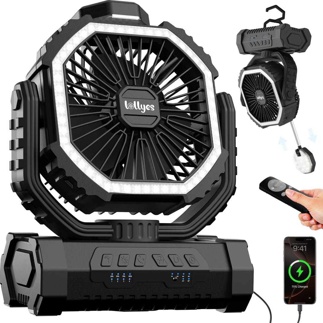 Outdoor Camping Ventilator mit Licht, 20000mAh Akku, wiederaufladbarer tragbarer Ventilator mit Fern