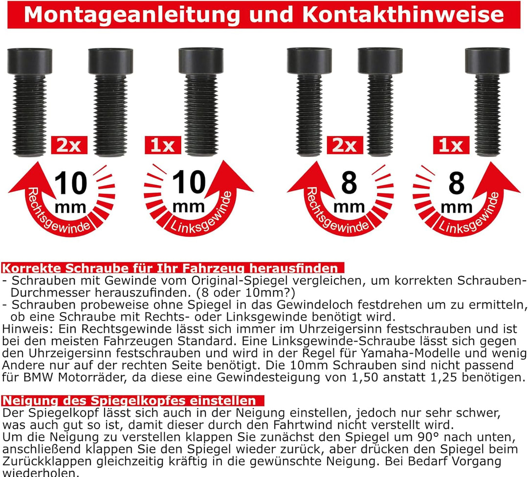 Area1 Universal Motorrad Rückspiegel Paar e-geprüft 2x M10 Rechtsgewinde + Linksgewindeadapter, komp