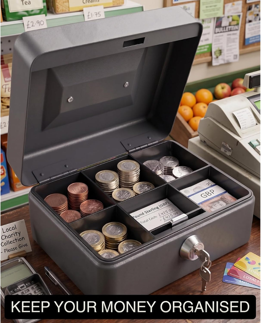 Requisite Needs Metall-Spardose, 15,2 cm, Stahl, für Bargeld, Pfand, mit Schloss, 2 Schlüssel für Si