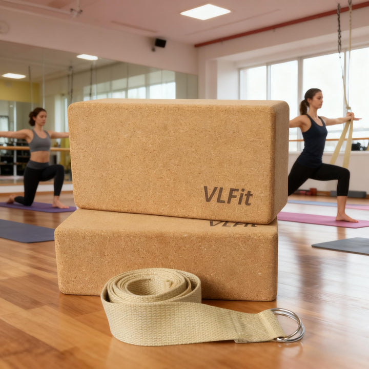 VLFit KORK Yogablock 2er Set - mit Yogagurt aus 100% Baumwolle - umweltfreundlicher Yogablock - ökol