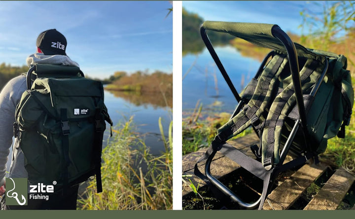 Zite Fishing Angelrucksack mit Stuhl - Rucksack-Stuhl Faltbar Angeln & Camping - Hocker Klappbar mit