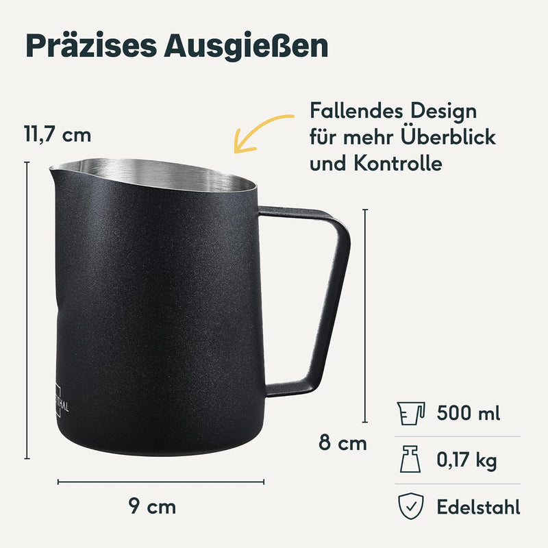 SILBERTHAL Milchkännchen Edelstahl 500ml schwarz - Professionelles Barista Zubehör mit Latte Art Aus