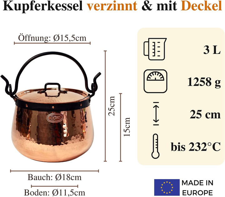 CopperGarden Kupferkessel 3 L mit Henkel + Deckel I Robuster Kessel aus verzinntem Kupfer: Ideale Wä