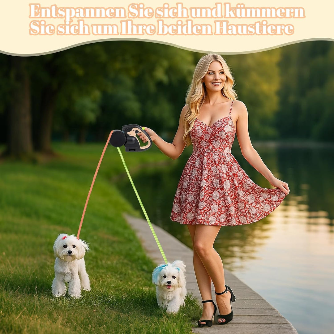 Doppelleine für 2 Hunde, 3 m Ausziehbare Anti-Verwickel-Hundeleine mit 360° Drehung, Rutschfestem Gr