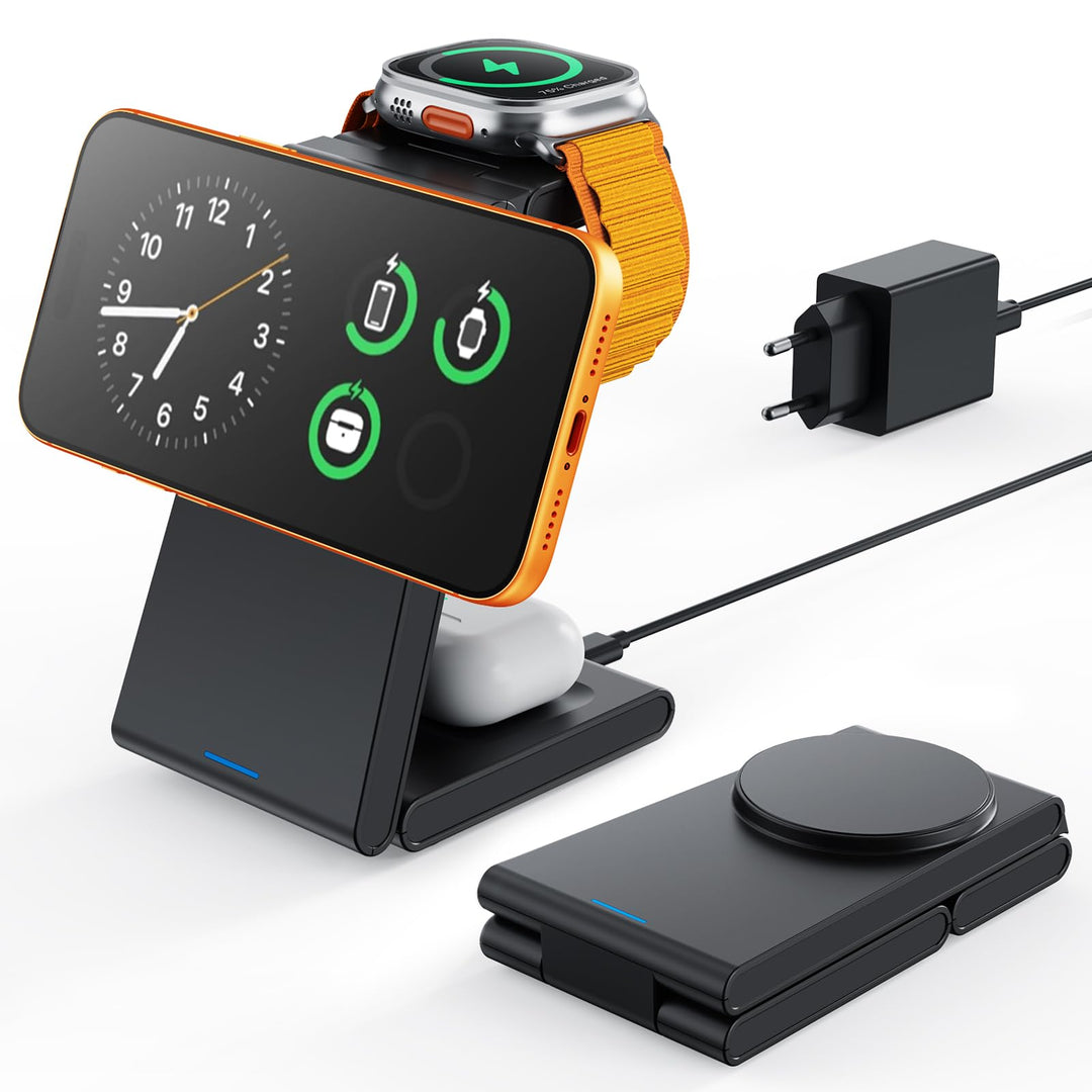 GEEKERA 3-in-1 Faltbar Ladegerät für Mag-Safe, Induktive Ladestation für Apple Watch und iPhone, Ind