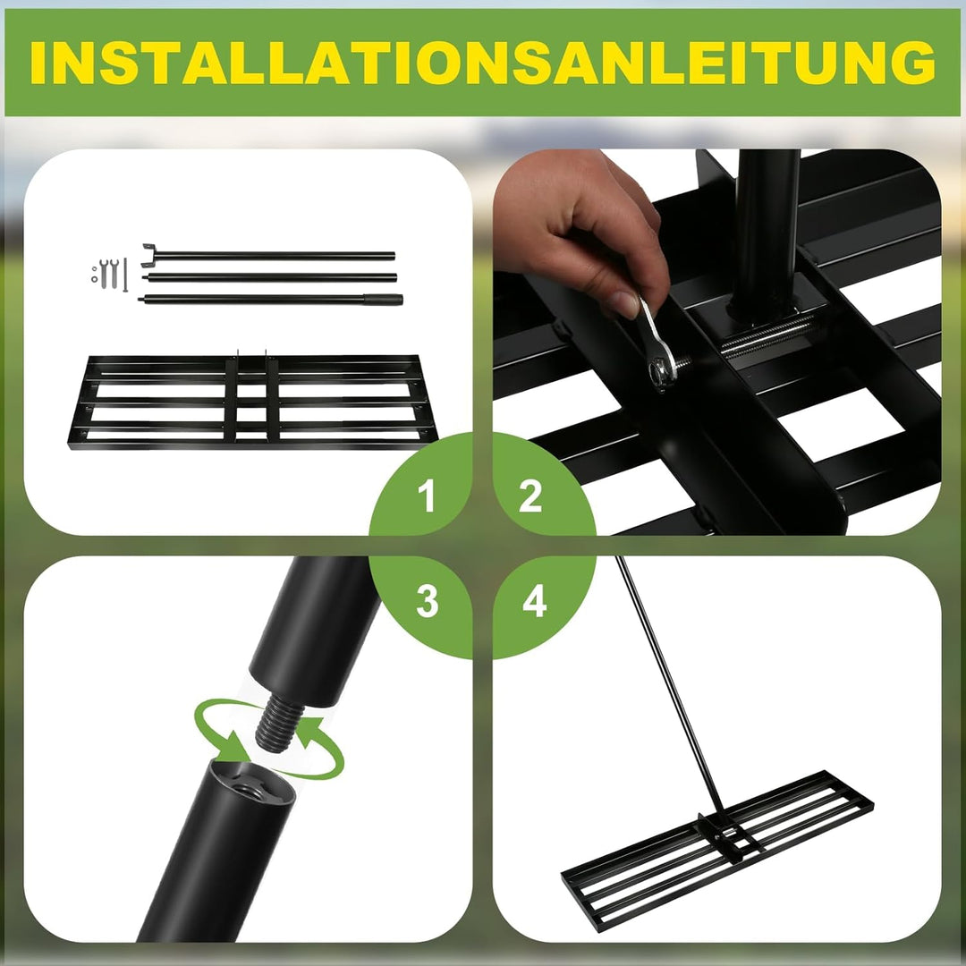 Rasenrechen 100x25cm mit 2m Verstellbarem Griff & Drehsteckersystem , Handlicher Arbeitssparendes Ra