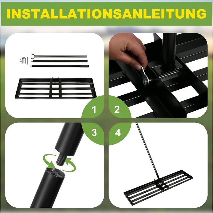 Rasenrechen 100x25cm mit 2m Verstellbarem Griff & Drehsteckersystem , Handlicher Arbeitssparendes Ra